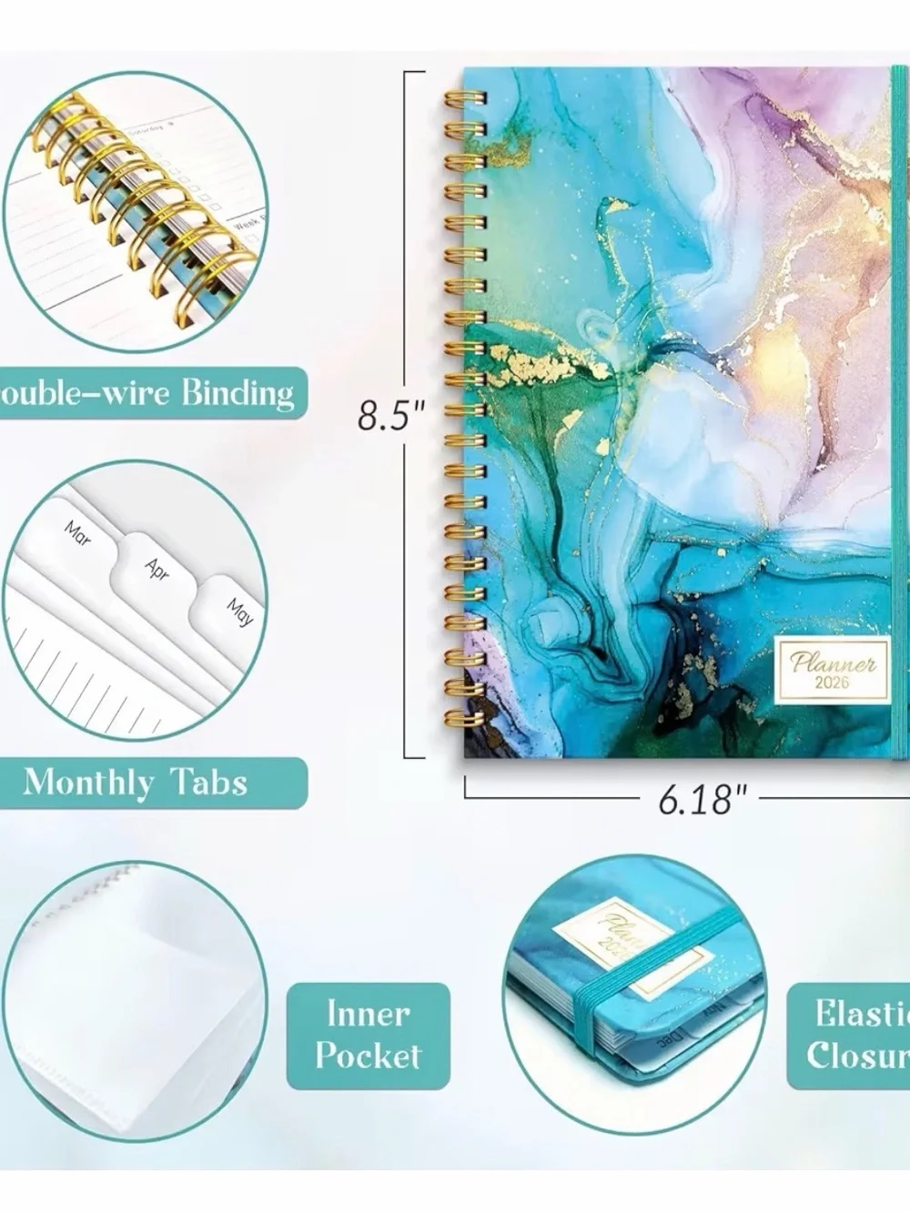 2026 Marble Effect Spiral Planner - Teal & Gold